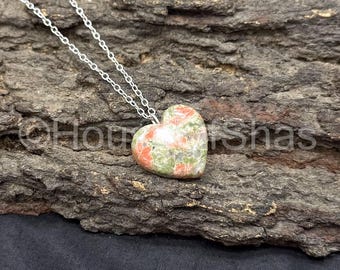 Unakite Heart Pendant Necklace | Heart Shape Necklace | Silver Plated Chain Necklace | Healing Crystal