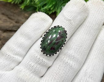 Anillo de rubí y zoisita, bañado en plata de ley 925, joyería bohemia hecha a mano, anillo con piedra de declaración.