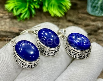 Conjunto de joyas de lapislázuli, baño de plata de ley 925, colgante y pendientes de plata, regalo estilo bisel, conjunto de joyas minimalista.