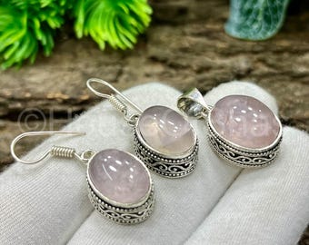 Rose Quartz Jewelry Set, 925 Sterling Silver Plated, Quartz Pendant Necklace, Rose Quartz Earrings