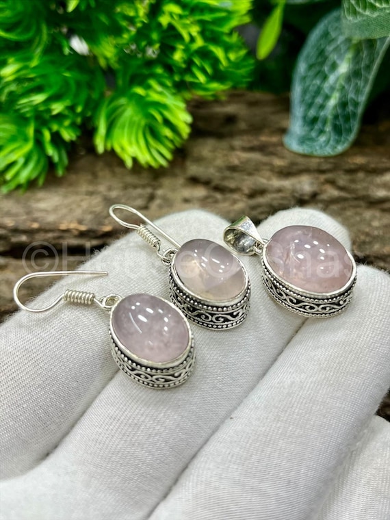 Rose Quartz Jewelry Set, 925 Sterling Silver Plated, Quartz Pendant Necklace, Rose Quartz Earrings