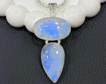 Regenboog maansteen hanger ketting | Blauwe opvallende steen | Verzilverd 925 sterlingzilver | Flitsende sieraden