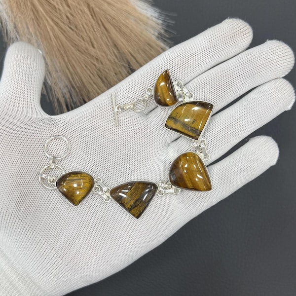 Natural Tiger Eye Crystal Bracelet | Protection Stone Jewelry | 925 Sterling Silver Plated Bracelet