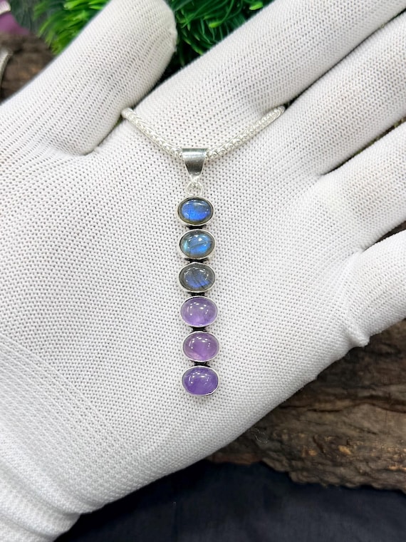 Labradorite and Amethyst Pendant | 925 Sterling Silver Plated | Healing Crystal Necklace | Stacked Jewelry | Chakra Pendant