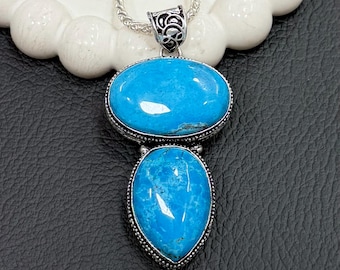 Turquoise Pendant Necklace | 925 Sterling Silver Plated | Natural Blue Stone Jewelry | Statement Necklace