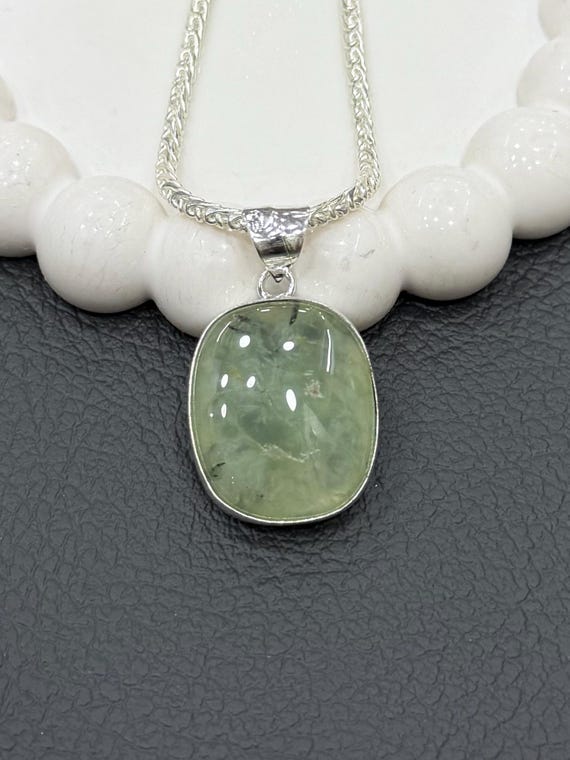 Prehnite Pendant Necklace, Natural Green Gemstone Pendant, 925 Sterling Silver Plated, Boho Artisan Healing Jewelry
