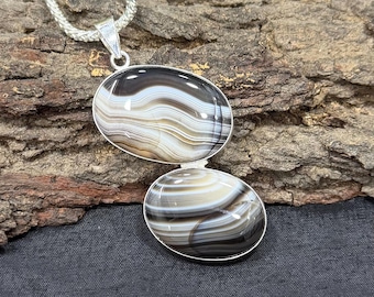 Black Banded Agate Pendant Necklace, 925 Sterling Silver Plated, Minimal Gemstone Jewelry