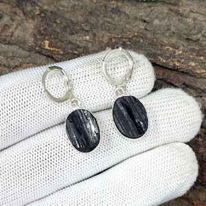 Puede incluir: Pendientes de aro plateados con piedras preciosas negras ovaladas. Las piedras tienen un patrón de rayas. Los pendientes se muestran sobre una superficie blanca.