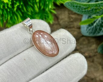 925 Sterling Silver Plated Peach Moonstone Pendant: Handmade Bezel Gemstone
