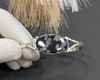 Snowflake Obsidian Bracelet Armlet | 925 Sterling Silver Plated | Natural Black White Stone Bracelet | Protection Crystal Jewelry
