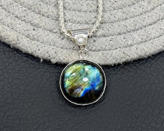 Fire Labradorite Pendant Necklace, Flash Gemstone Pendant, 925 Sterling Silver Plated, Boho Statement Jewelry