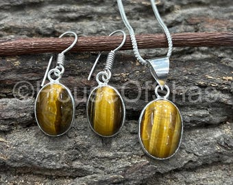 Tiger Eye Jewelry Set, 925 Sterling Silver Plated, Silver Pendant and Earrings