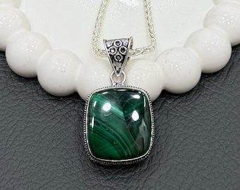 Malachite Pendant Necklace, Natural Green Gemstone Jewelry, 925 Sterling Silver Plated Boho Artisan Necklace for Women