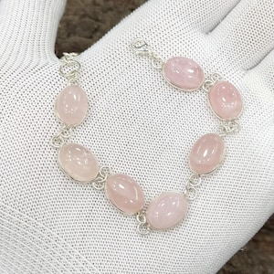 Armband med rosenkvarts, pläterad i 925 sterlingsilver, armband med rosa ädelstenar, minimalistiska helande smycken
