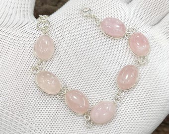 Rozenkwarts armband, 925 sterling verzilverd, roze edelsteen armband, sieraden met minimale genezing