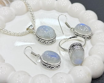 Rainbow Moonstone Jewelry Set – Earrings, Ring & Pendant , 925 Sterling Silver Plated , Natural Gemstone Set , Minimal Boho Artisan Jewelry