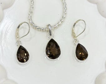 Smokey Quartz Jewelry Set, Smokey Quartz Pendant Necklace & Earrings, 925 Sterling Silver Plated Jewelry