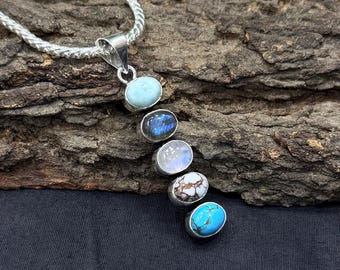 Larimar, Labradorite, Rainbow Moonstone, Wild Horse & Turquoise Multi Stone Pendant | 925 Sterling Silver Plated | Healing Crystal Necklace