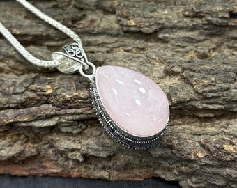 Rose Quartz Pendant Necklace – 925 Sterling Silver Plated Bezel | Healing Crystal Jewelry | Fine Pendant
