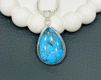 Blue Turquoise Pendant Necklace | Turquoise Jewelry | 925 Sterling Silver Plated | Boho Jewelry