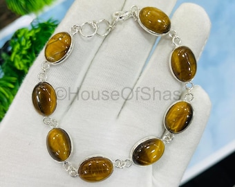 Natural Tiger Eye Bracelet – 925 Sterling Silver Plated Handmade Bracelet, Elegant Gemstone Jewelry