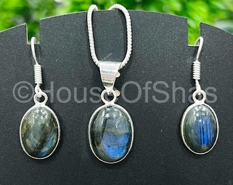 Labradorite Jewelry Set, 925 Sterling Silver Plated, Silver Pendant and Earrings