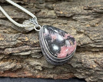 Rhodonite Pendant Necklace – 925 Sterling Silver Plated | Healing Crystal Jewelry | Fine Pendant Jewelry
