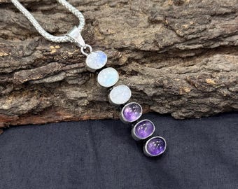 Rainbow Moonstone and Amethyst Pendant | 925 Sterling Silver Plated | Healing Crystal Necklace | Stacked Jewelry | Chakra Pendant