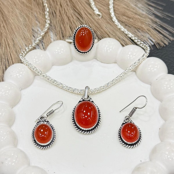 Carnelian Jewelry Set, Earrings Ring Pendant Set, 925 Sterling Silver Plated, Red Gemstone Boho Artisan Statement Jewelry