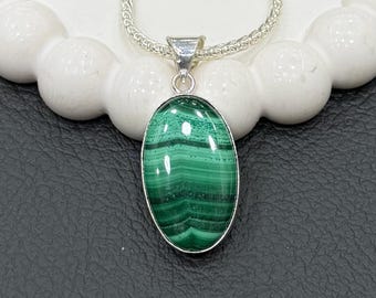 Malachite Pendant Necklace, Green Banded Gemstone Pendant, 925 Sterling Silver Plated, Boho Artisan Statement Jewelry