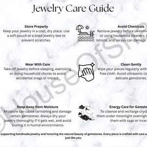 May include: A white and black Jewelry Care Guide with text and line drawings. The guide provides tips on storing, wearing, cleaning, and caring for jewelry, including avoiding moisture and chemicals.