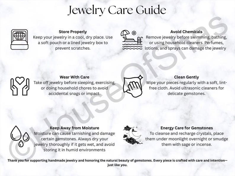 May include: A white and black Jewelry Care Guide with text and line drawings. The guide provides tips on storing, wearing, cleaning, and caring for jewelry, including avoiding moisture and chemicals.