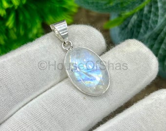 Rainbow Moonstone 925 Sterling Silver Pendant: Bezel Set Gemstone.