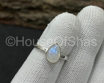 Rainbow Moonstone Gemstone Ring, 925 Sterling Silver Plated, Handmade Boho Statement Ring, June Birthstone Ring, Moonstone Teardrop Ring