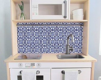 Blue Mexican Tile Printed Backsplash Board for Ikea DUKTIG Play Kitchen // Makeover, Diy, Hack, Ikea, Custom