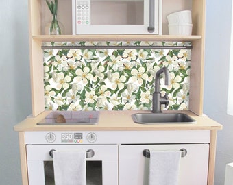 White Blossom Printed Backsplash Board for Ikea DUKTIG Play Kitchen // Makeover, Diy, Hack, Ikea, Custom