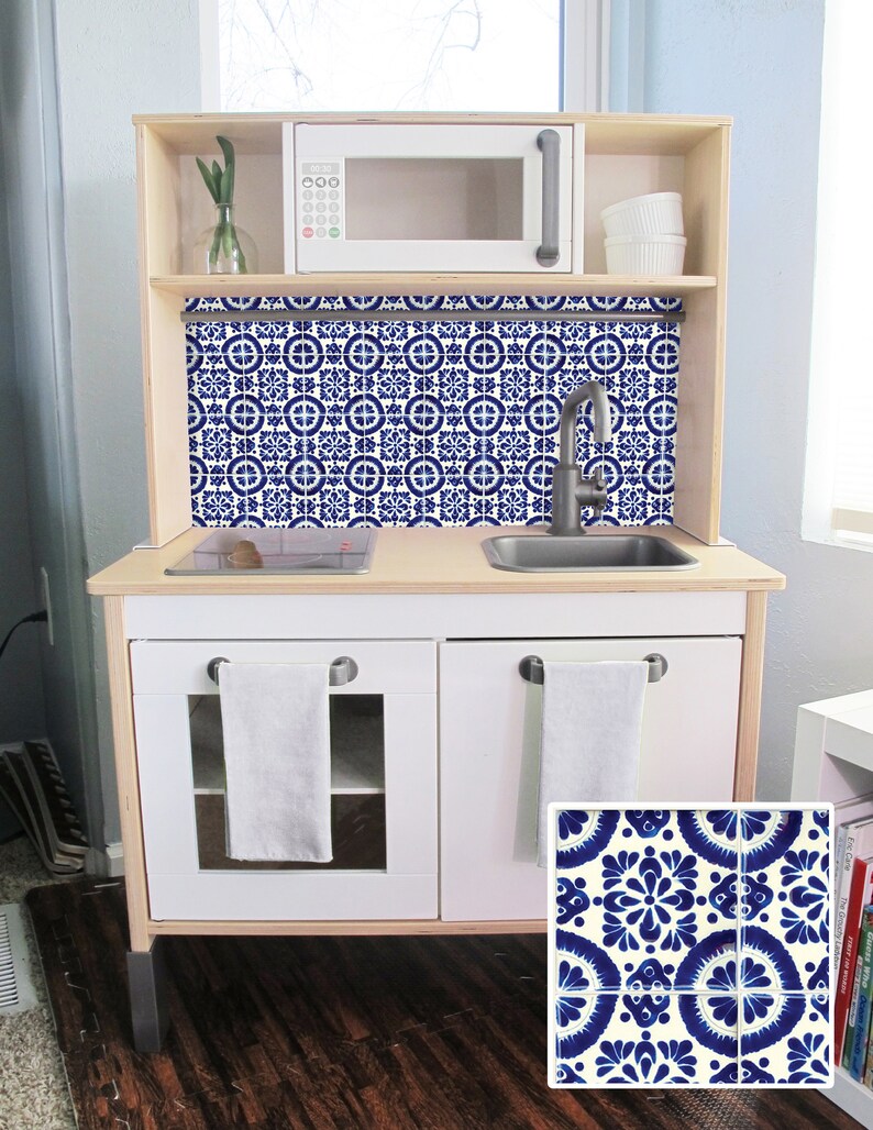 Blue Mexican Tile Printed Backsplash Board For Ikea Duktig Image 0