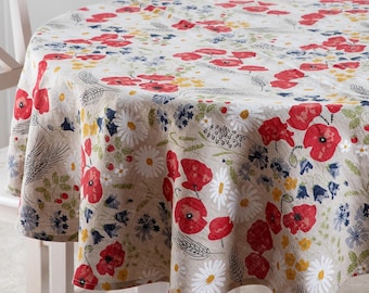 Floral Linen Tablecloth | Poppy Print | Washed European Linen | Custom Size