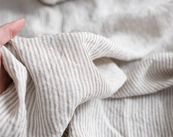 Milk white striped linen fabric by yards | Beige striped European linen | Stonewashed of medium weight