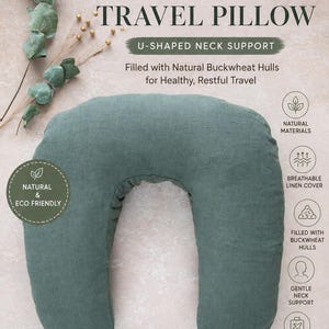 Natural buckwheat travel pillow with linen cover, U-shaped neck pillow for comfortable support during flights and travel