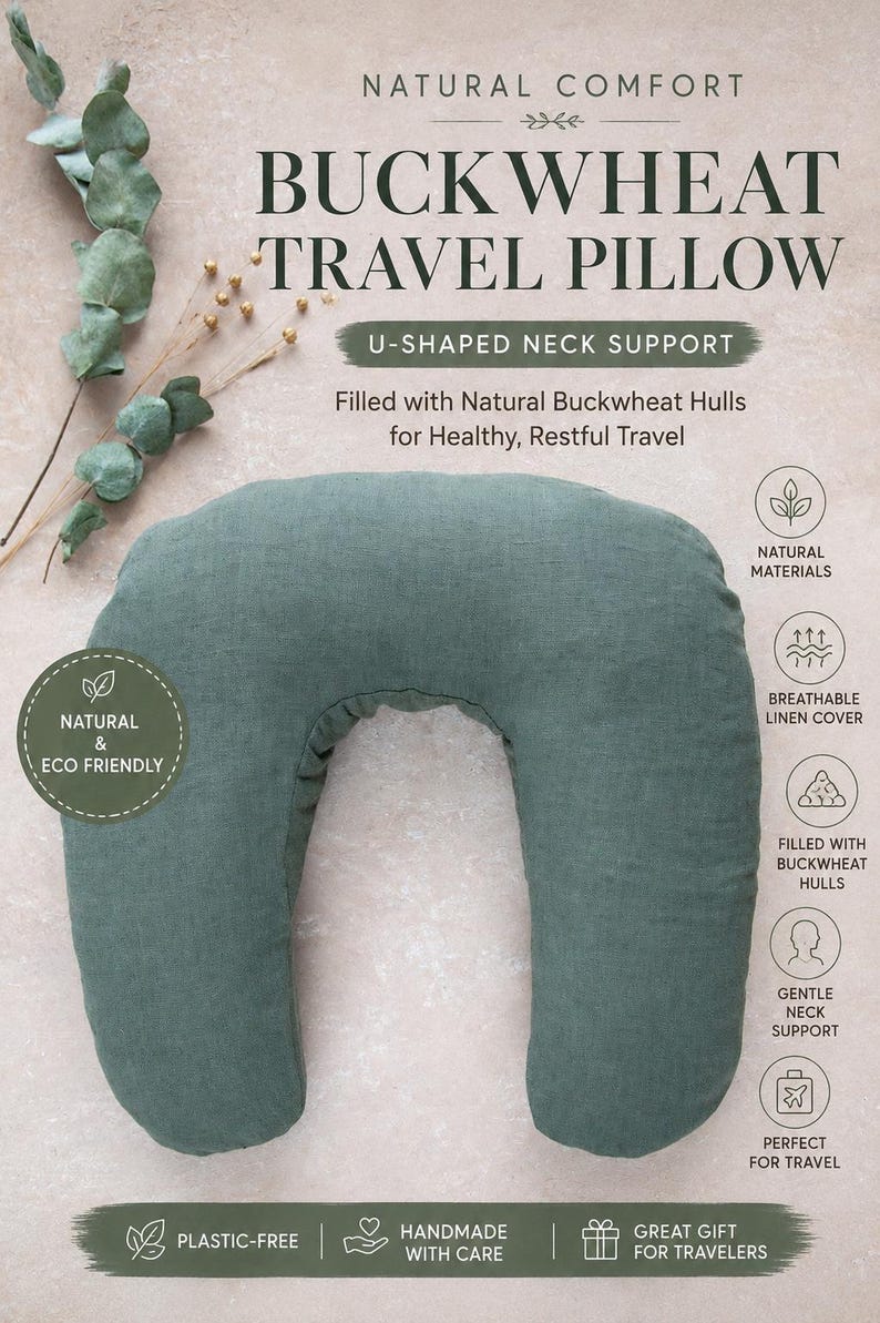 Natural buckwheat travel pillow with linen cover, U-shaped neck pillow for comfortable support during flights and travel