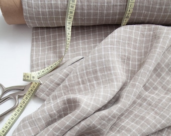 Beige Checked Linen Fabric by the Yard, Washed European Linen, Medium Weight Fabric for Dress, Curtains & Home Decor