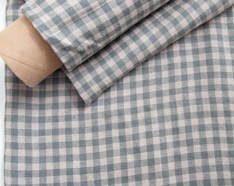 Natural Linen Fabric with Green Checks | Checkered Linen by Yard | Fabric for Sewing