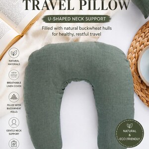 Buckwheat travel pillow on a cozy reading setup with book and coffee, natural linen neck pillow for travel comfort