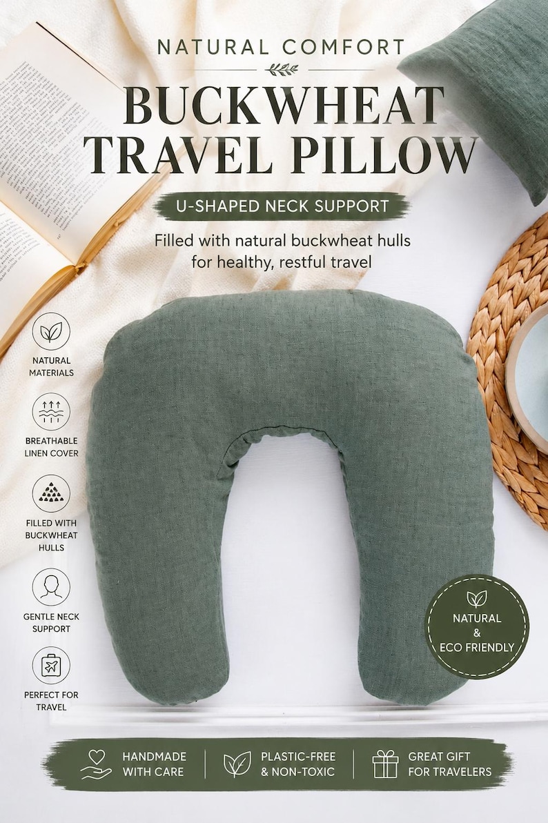 Buckwheat travel pillow on a cozy reading setup with book and coffee, natural linen neck pillow for travel comfort