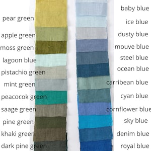May include: Two vertical columns of square fabric swatches in various shades of green and blue. The green column includes labels for pear, apple, moss, lagoon, pistachio, mint, peacock, sage, pine, khaki, dark pine, dark forest, and teal green.