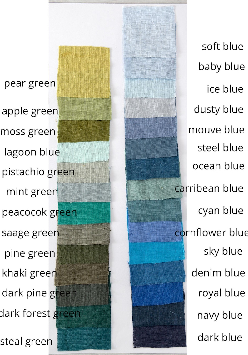 May include: Two vertical columns of square fabric swatches in various shades of green and blue. The green column includes labels for pear, apple, moss, lagoon, pistachio, mint, peacock, sage, pine, khaki, dark pine, dark forest, and teal green.