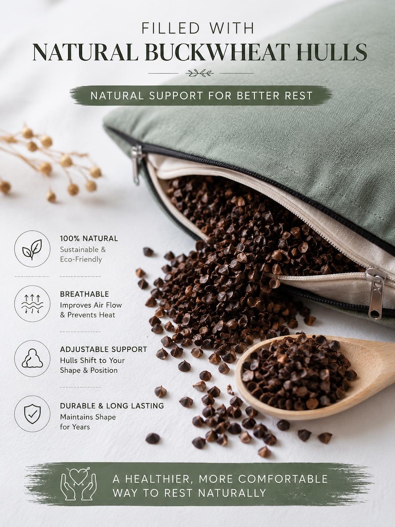 May include: A sage green pillow partially unzipped, revealing dark brown buckwheat hulls spilling out. A wooden spoon holds a small pile of hulls. Text reads: FILLED WITH NATURAL BUCKWHEAT HULLS, NATURAL SUPPORT FOR BETTER REST, 100% NATURAL, BREATHABLE, ADJUSTABLE SUPPORT, DURABLE & LONG LASTING, A HEALTHIER, MORE COMFORTABLE WAY TO REST NATURALLY.