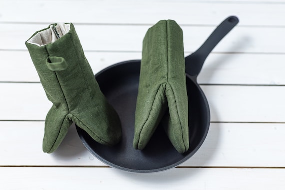 100% Linen Oven Mitts, Pot Holders, Set of 2 Kitchen Mittens, Organic Oven  Mitts, Green Oven Mits 