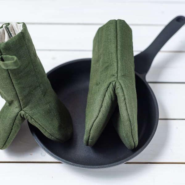 100% linen oven mitts, Pot holders, Set of 2 kitchen mittens, Organic oven mitts, Green oven mits